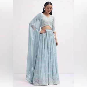Light Blue Sequin Embroidered Faux Georgette Lehenga Set & Accessories (NWT)